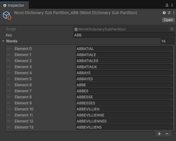 Example of a baked word dictionary sub-partition